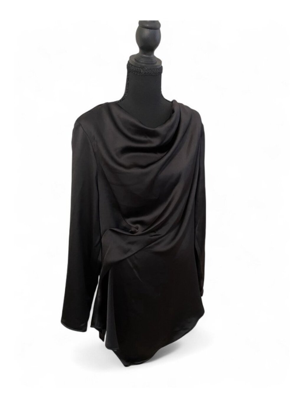 Halston Black Silky Top Asymmetrical Dressy Cocktail Semiformal Elegant Chic, XL